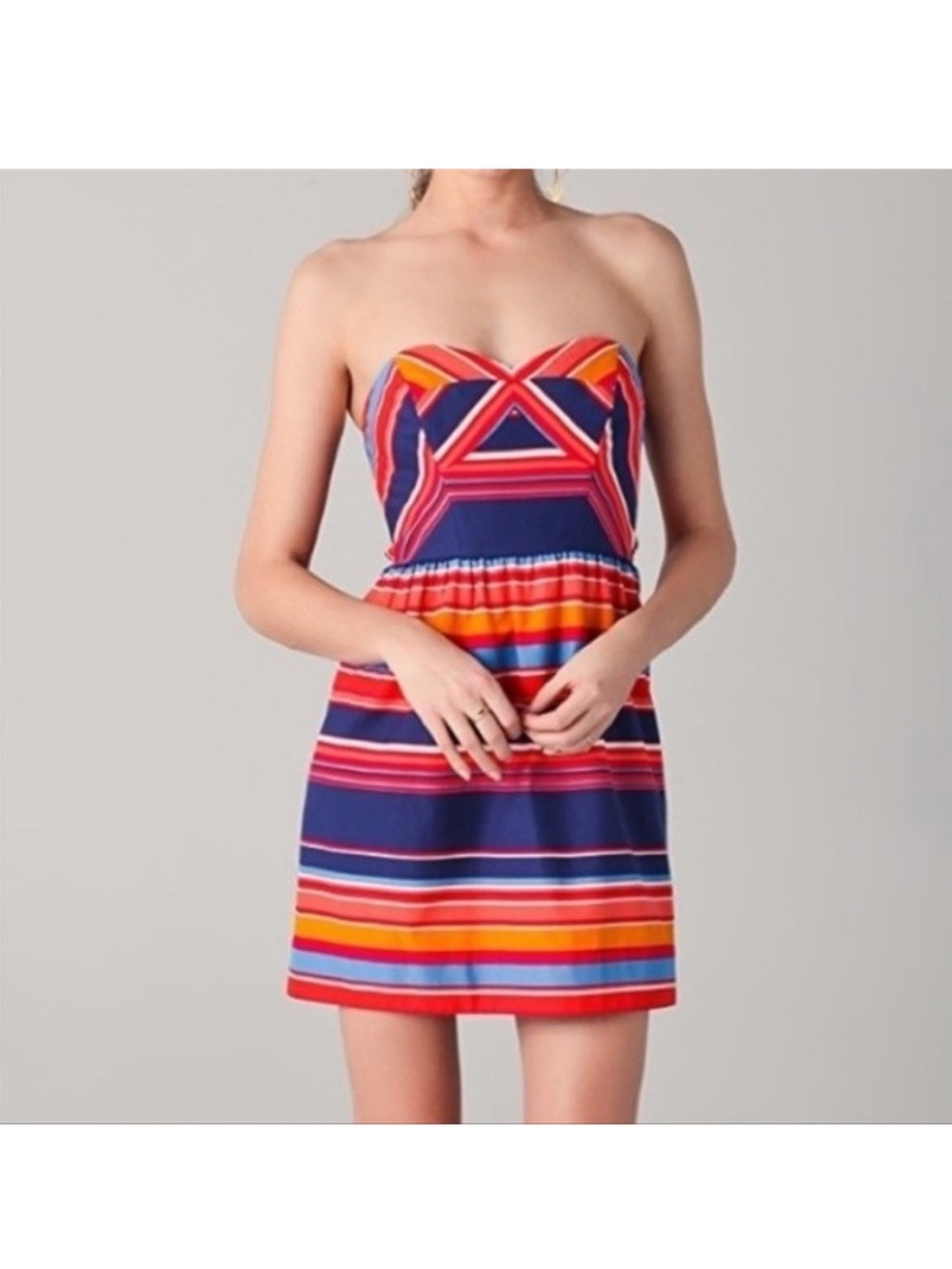 Shoshanna Strapless Striped Sweetheart Sundress Navy Multi Size 8